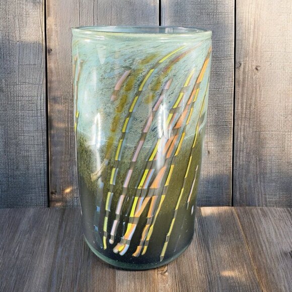 Vintage 1977 Hand Blown Art Glass Cylinder Vase Vessel Spoon Rest Artist Signed - Picture 3 of 15